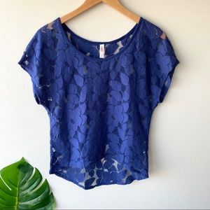 Xhilaration Navy Floral Lace Blouse Size Medium Short Sleeves Sheer